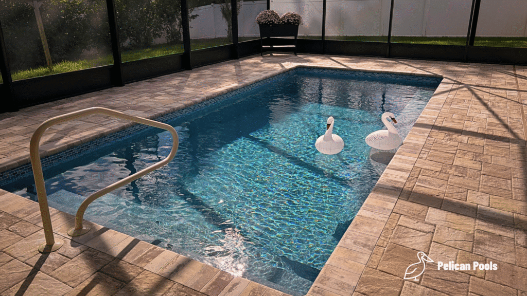 Wylela rectangle fiberglass pool with full-width entry steps in the shallow end
