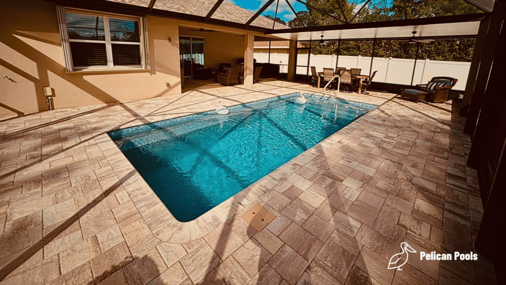 Wylela rectangle pool beside modern patio and pergola