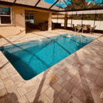 Wylela rectangle pool beside modern patio and pergola