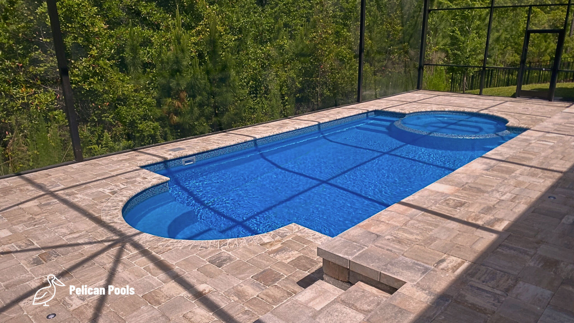 Installed by Pelican Pools, the Caesar’s Palace fiberglass pool complements any modern backyard with fast installation, beauty, and lasting durability.