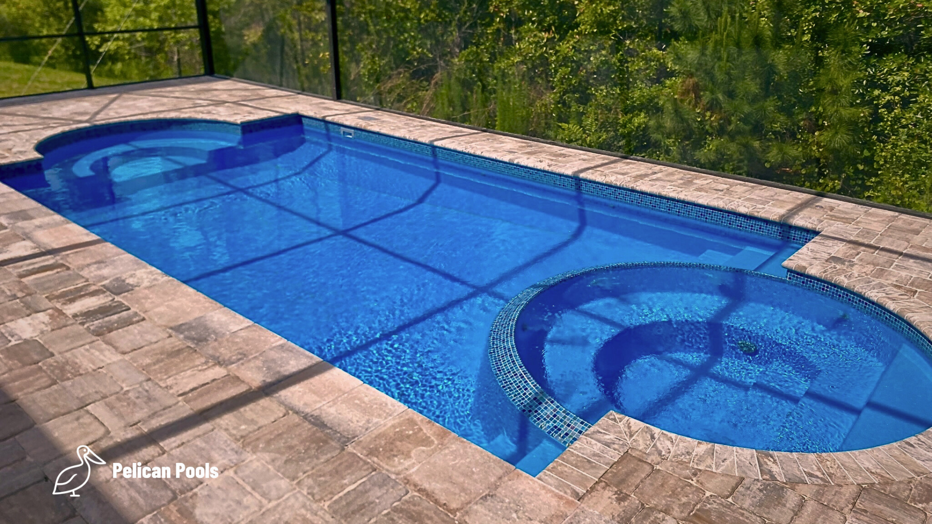 Caesar’s Palace pool by San Juan Pools, installed by Pelican Pools, featuring a modern Grecian design, built-in spa, and fast installation for a timeless look.
