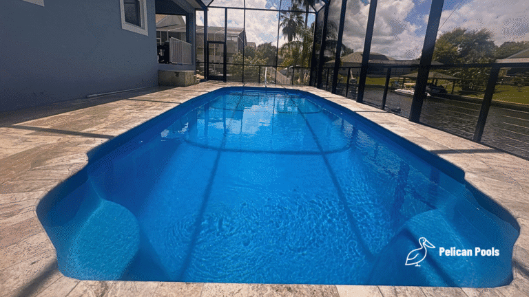 Fiberglass pool interior with curved entry steps under screen enclosure.