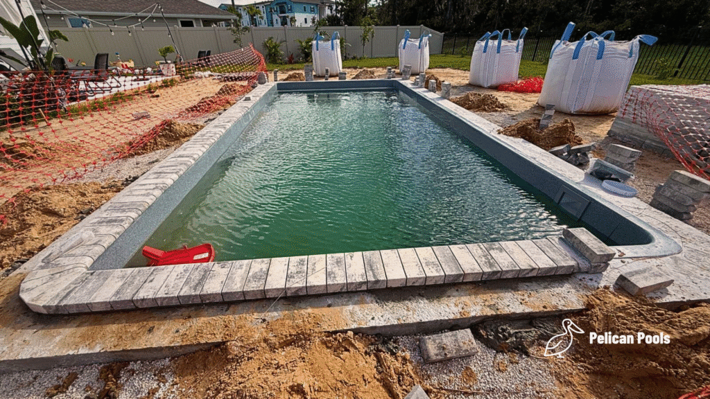 Newly installed fiberglass pool filled with water, surrounded by unfinished paver deck in Flagler Beach, FL.