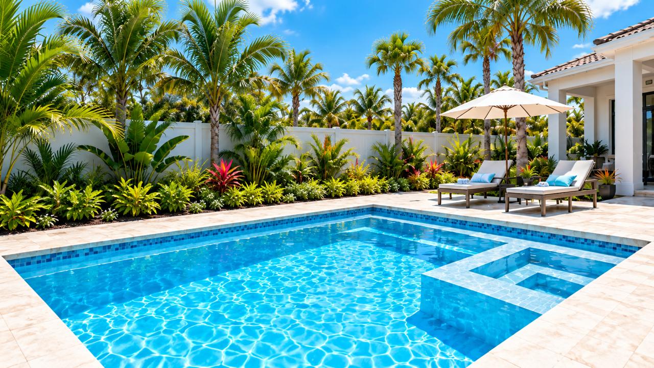 Sunlit backyard pool and spa surrounded by palms and poolside lounge chairs