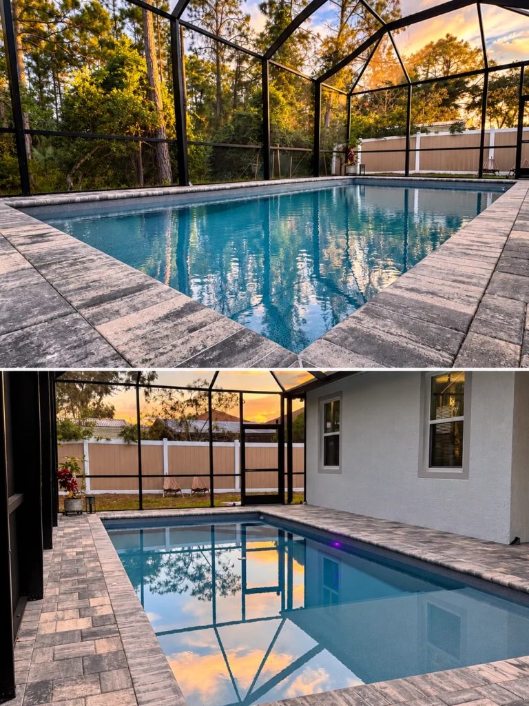 Caitlin Peters’s completed swimming pool and screened patio — customer photo