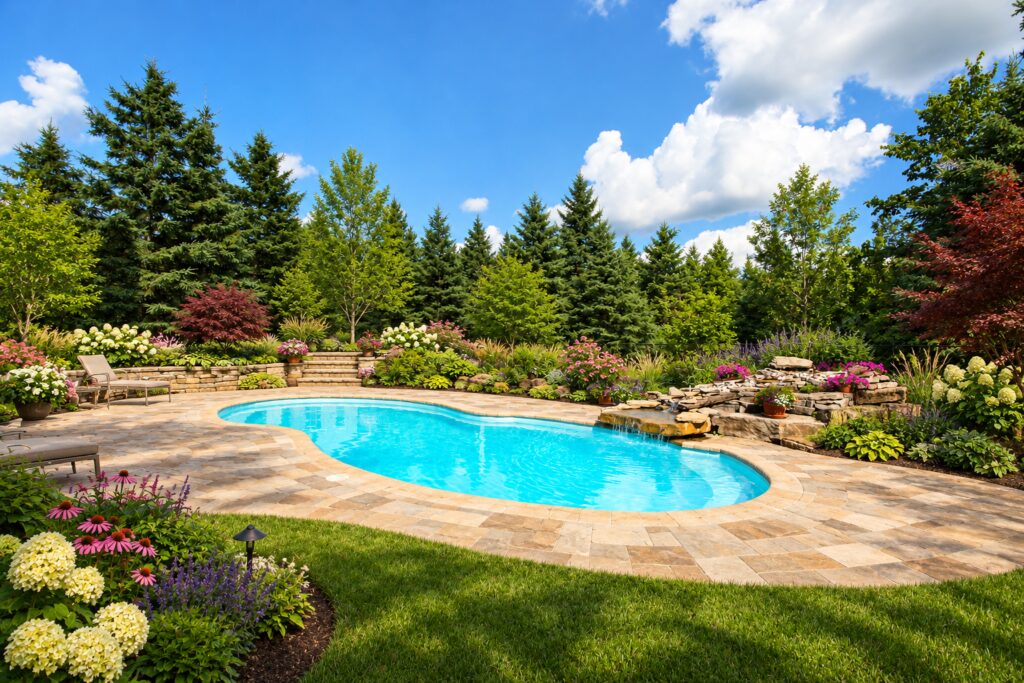 Atlantic pool with natural stone paving and a woodland waterfall landscape; digitally edited design inspiration.