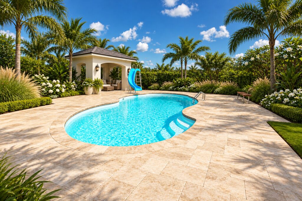 Atlantic pool in a coastal courtyard landscape with stone paving; digitally edited design inspiration.
