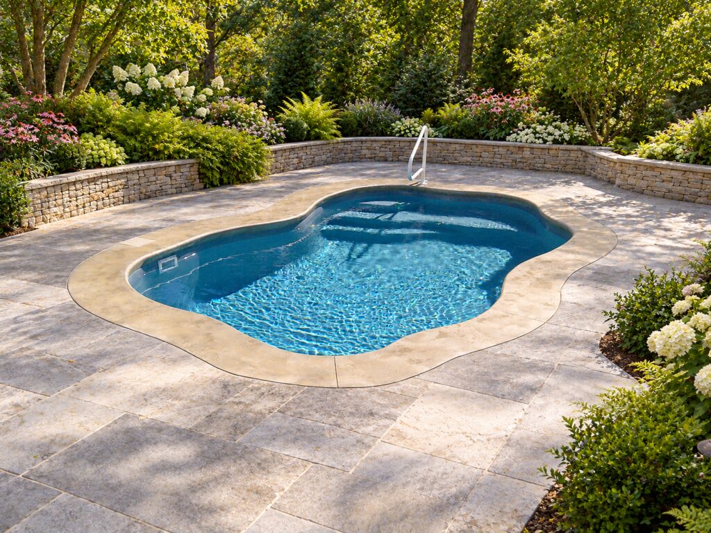Ariella pool with entry steps and handrail in a digitally created limestone garden setting.