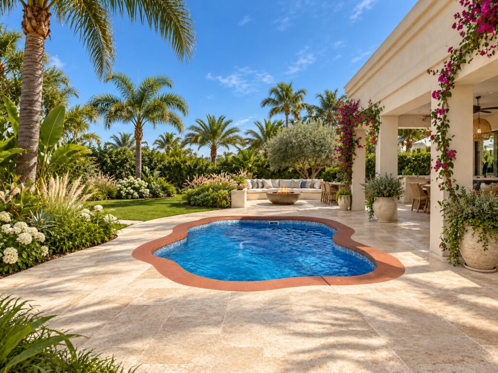 Ariella fiberglass pool in a digitally created coastal courtyard landscape with natural stone paving.