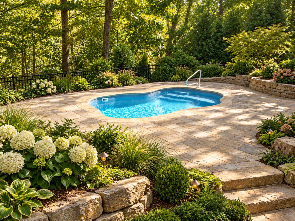Ariella fiberglass pool in a digitally created woodland pavers landscape with natural stone paving.