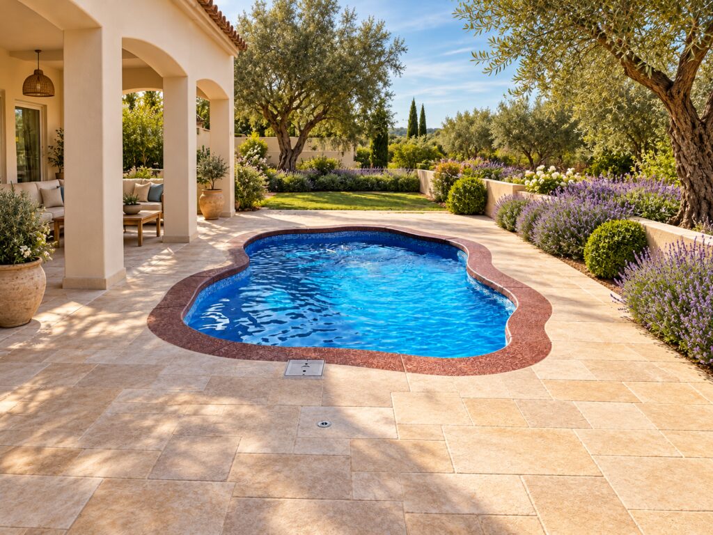 Ariella fiberglass pool in a digitally created mediterranean garden landscape with natural stone paving.