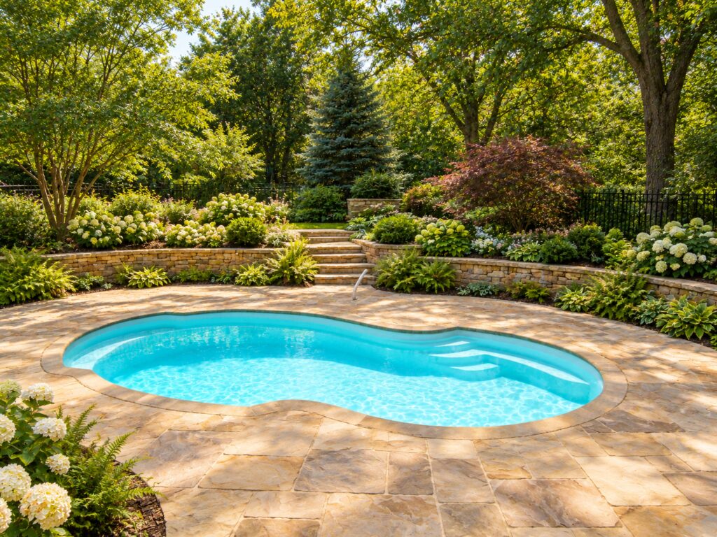 Atlantic pool in a terraced garden landscape with stone paving; digitally edited design inspiration.