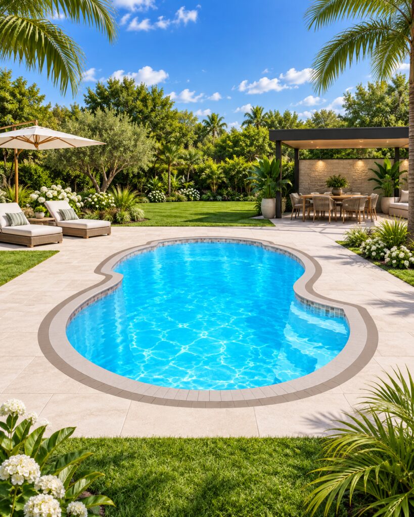 San Juan Atlantic Deep fiberglass pool with blue water, rounded contours, light-colored decking, and garden landscaping.
