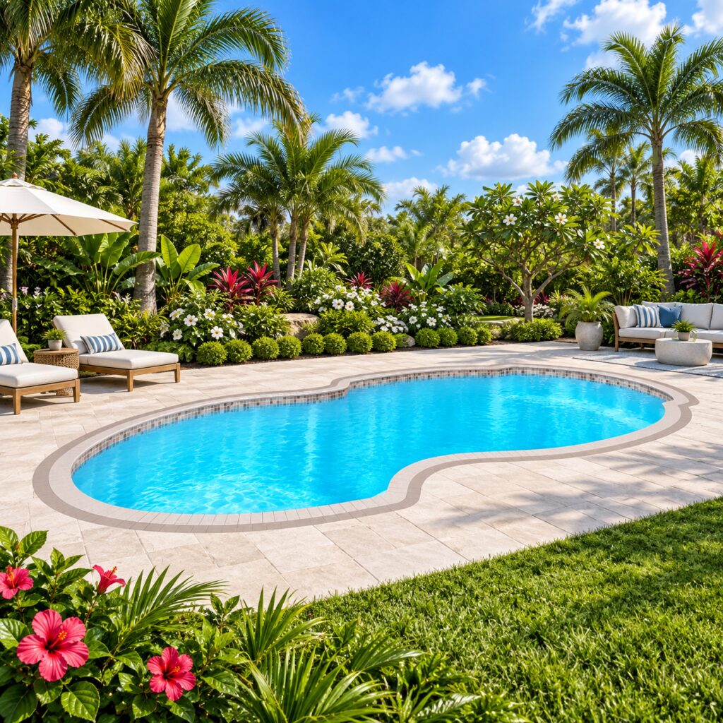 San Juan Atlantic Deep fiberglass pool with blue water, a curved patio, palms, and flowering garden beds.