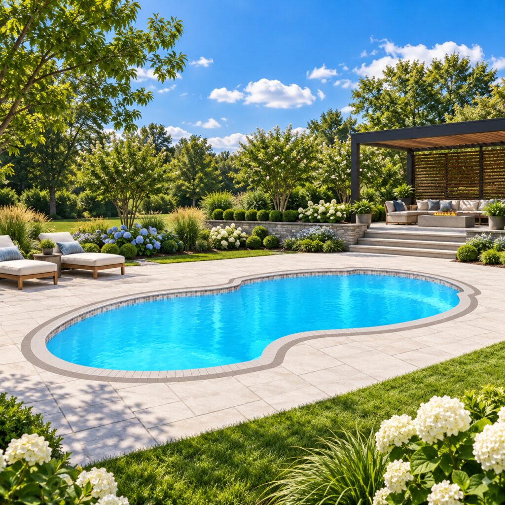 San Juan Atlantic Deep fiberglass pool with blue water, curved coping, green lawn, and flowering landscaping.