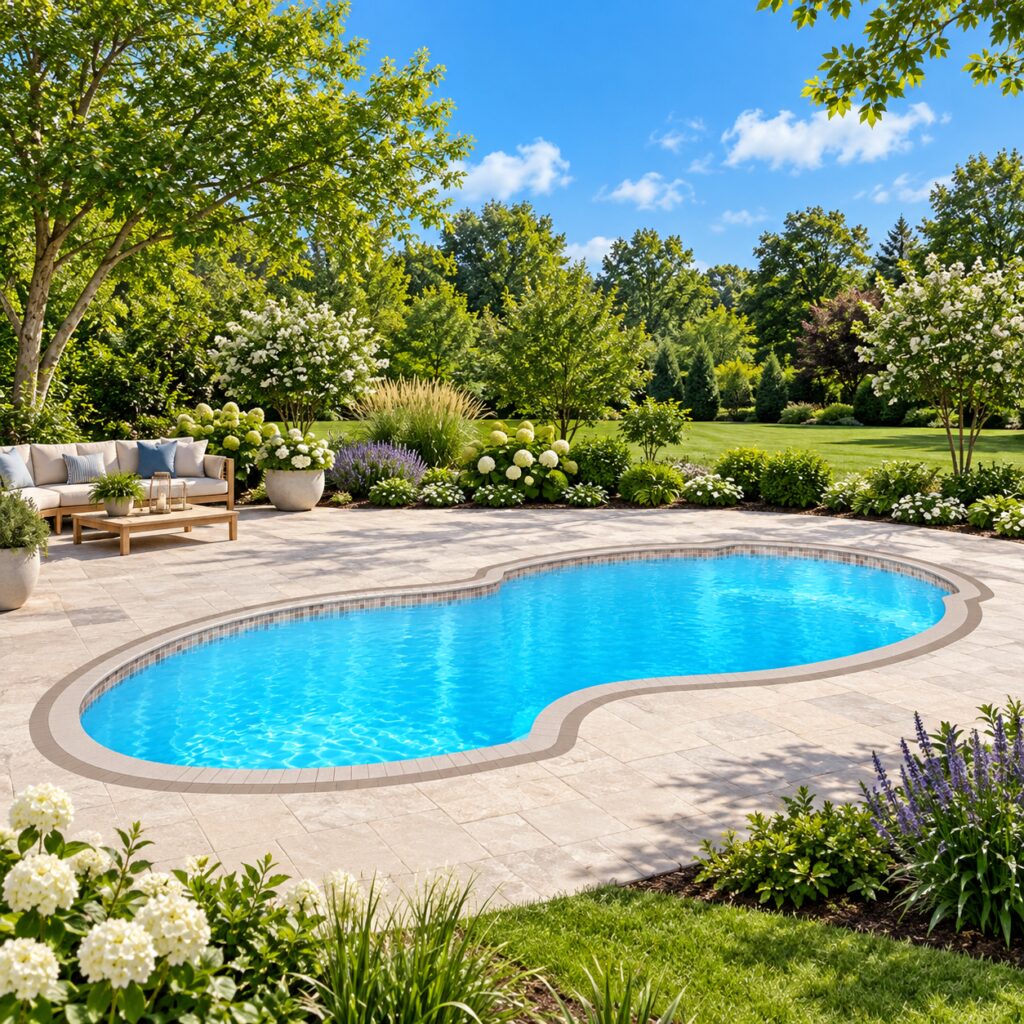 San Juan Atlantic Deep fiberglass pool with blue water, rounded edges, light-colored decking, and trees around the garden.