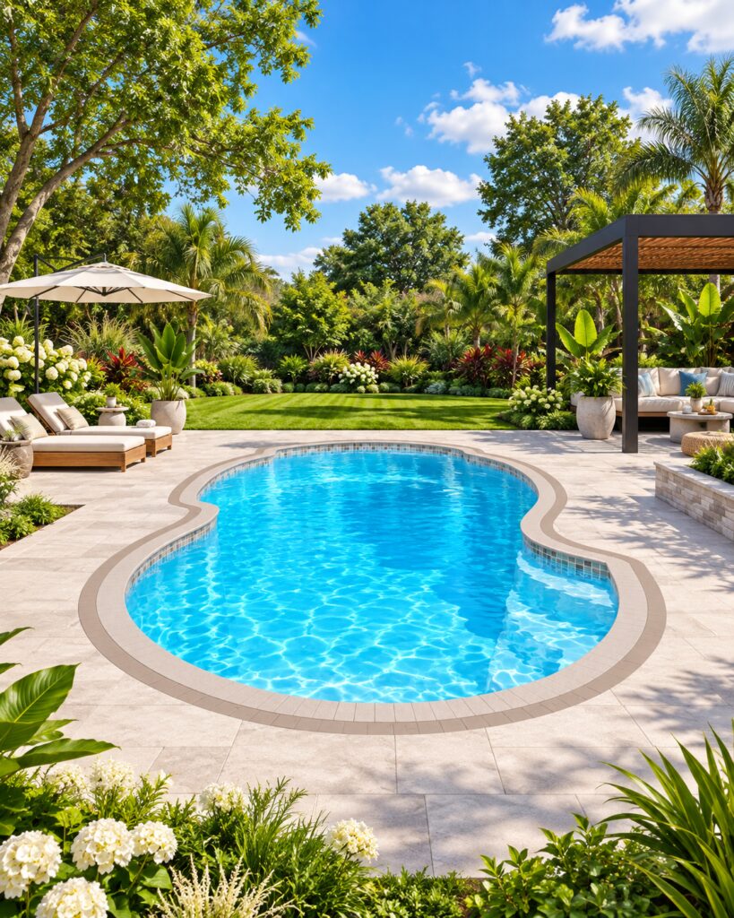 San Juan Atlantic Deep fiberglass pool with a curved light-colored patio, blue water, and surrounding trees.