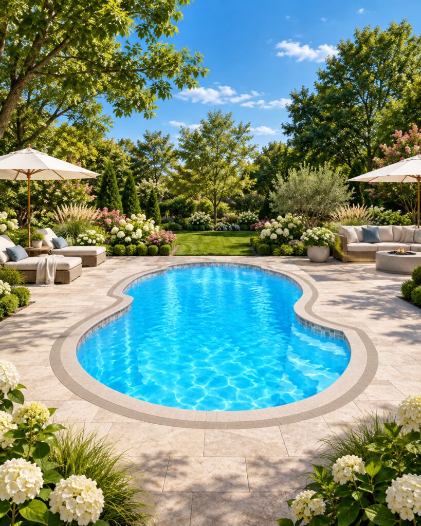 San Juan Atlantic Deep fiberglass pool with rounded pool edges, blue water, a stone-colored deck, and a green backyard.