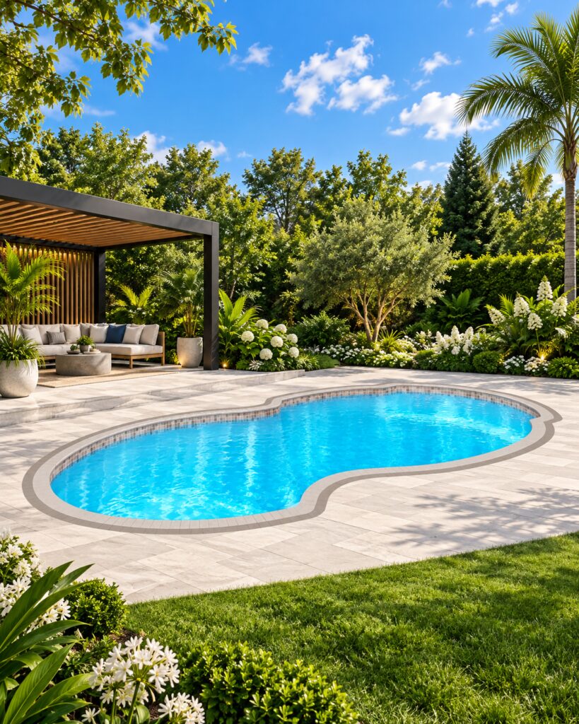 San Juan Atlantic Deep fiberglass pool with blue water, curved coping, palm trees, and a landscaped patio.