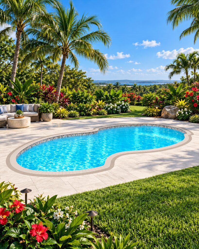 San Juan Atlantic Deep fiberglass pool with blue water, a curved light-colored deck, green lawn, and trees.
