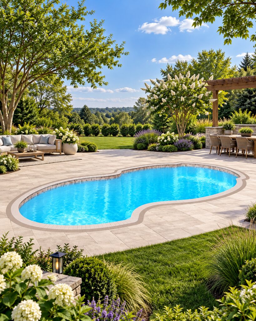 San Juan Atlantic Deep fiberglass pool with rounded contours, light-colored patio decking, and landscaped garden beds.