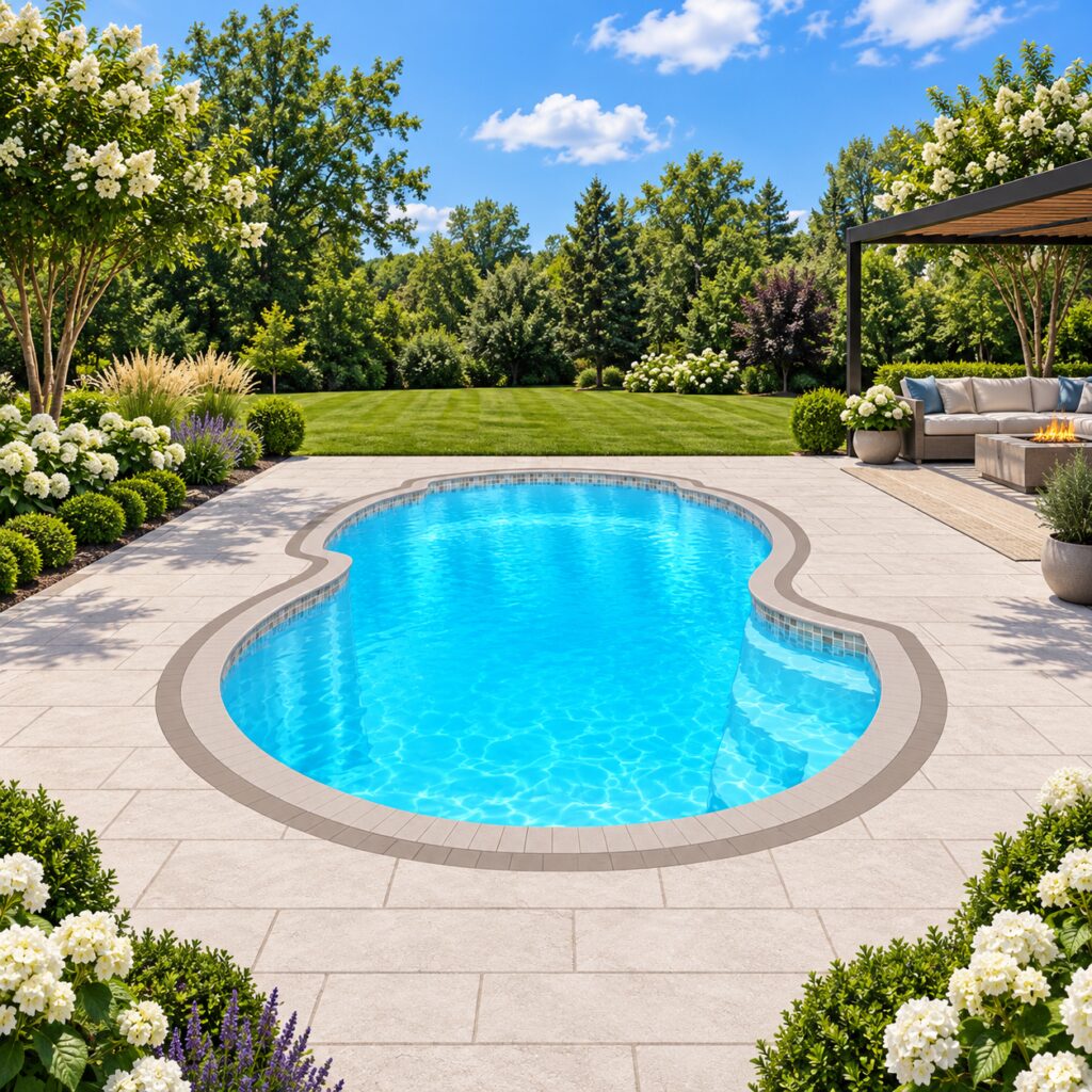 San Juan Atlantic Deep fiberglass pool with blue water, curved edges, poolside decking, and garden landscaping.