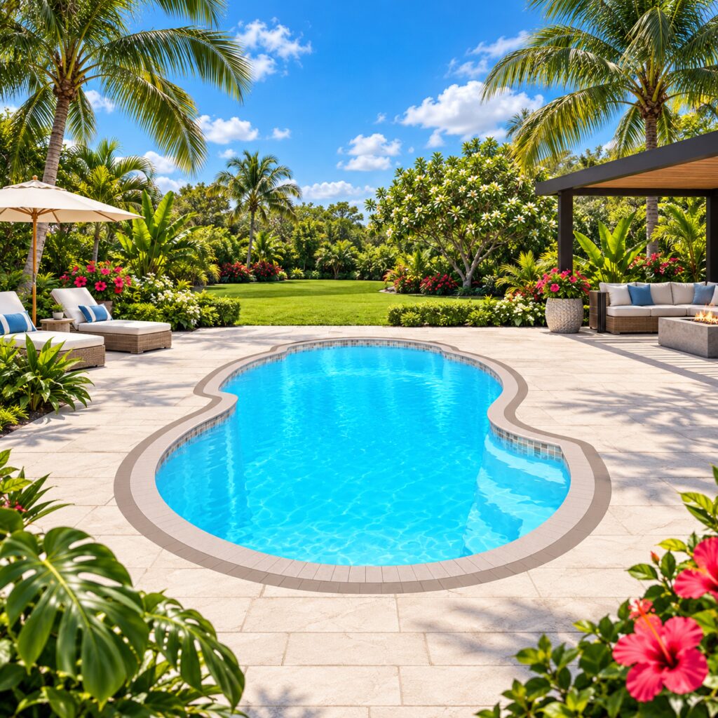 San Juan Atlantic Deep fiberglass pool with blue water, curved decking, a covered patio, and surrounding greenery.