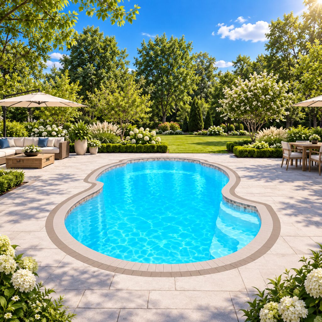 San Juan Atlantic Deep fiberglass pool with rounded contours, light-colored decking, blue water, and trees.