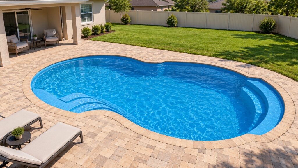 Atlantic pool in a screened tropical landscape with stone paving; digitally edited design inspiration.