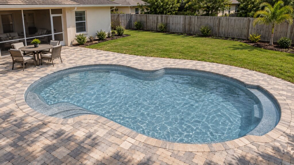 Atlantic pool in a modern limestone landscape with stone paving; digitally edited design inspiration.