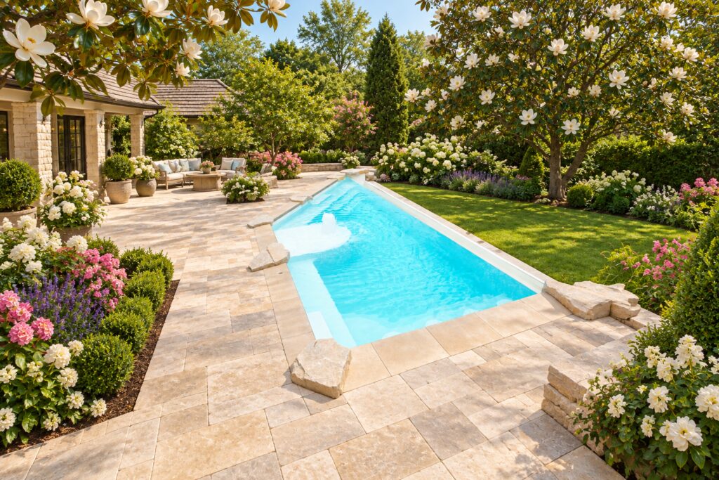 Elevated view of a San Juan iPool with turquoise water, a bubbler and natural stone paving in a flowering garden.