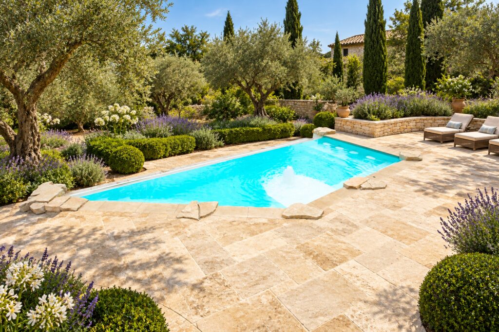 San Juan iPool with turquoise water and a bubbler beside limestone paving, olive trees and lavender.