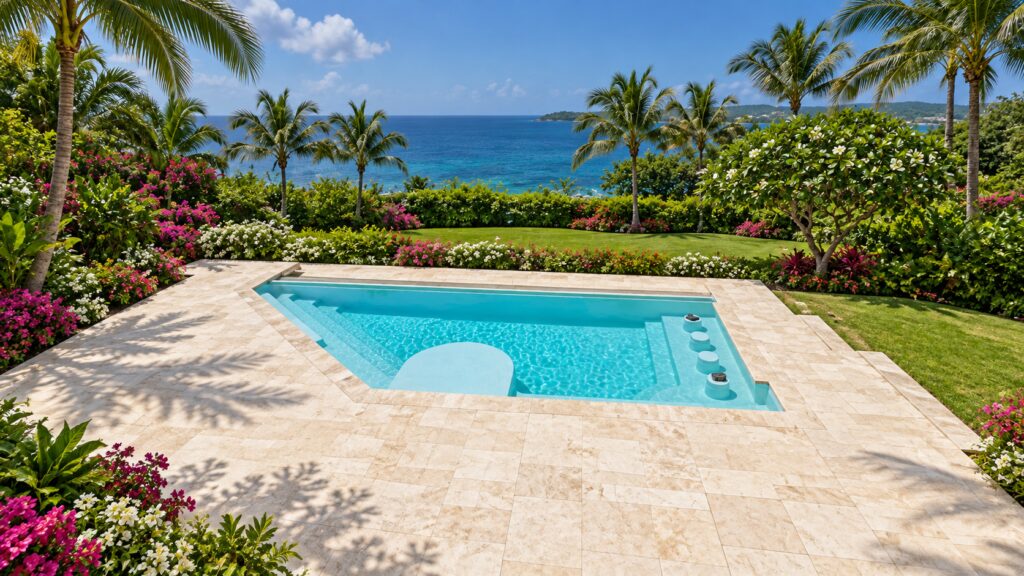San Juan iPool with angled walls, submerged seating and a rounded table platform beside travertine paving in a coastal garden.