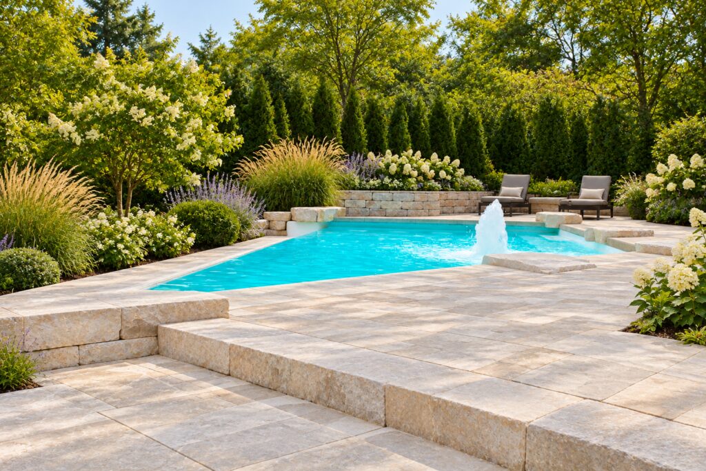 Low view of a San Juan iPool with a bubbling water feature, silver limestone paving and ornamental garden plants.