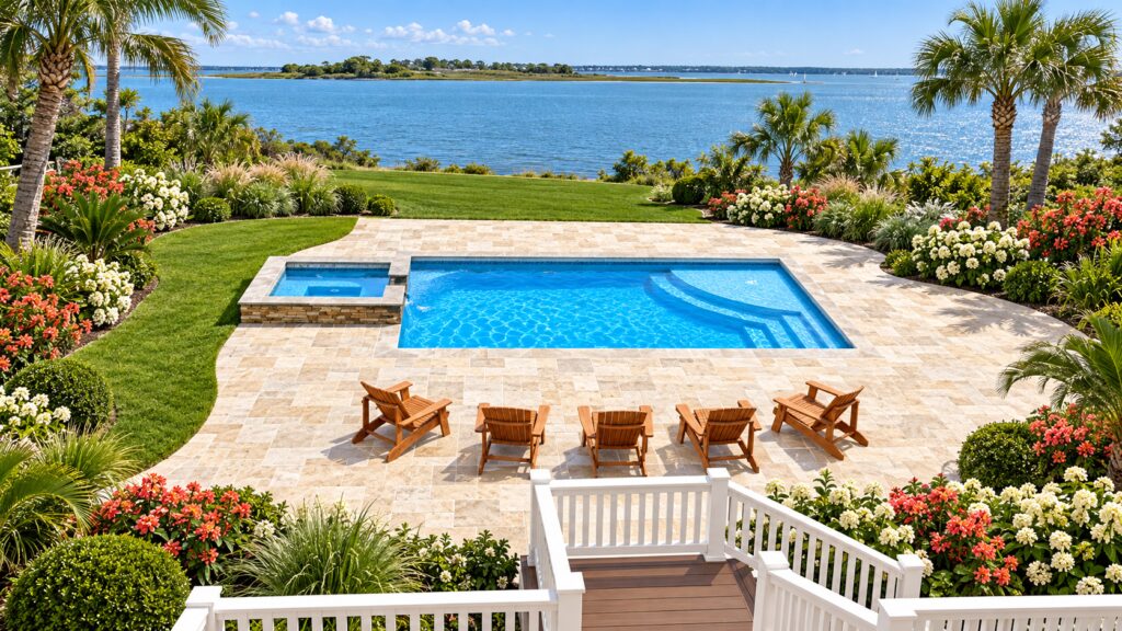 San Juan Lake Michigan rectangular pool with curved entry steps and a raised square spa, surrounded by travertine paving and coastal palms.
