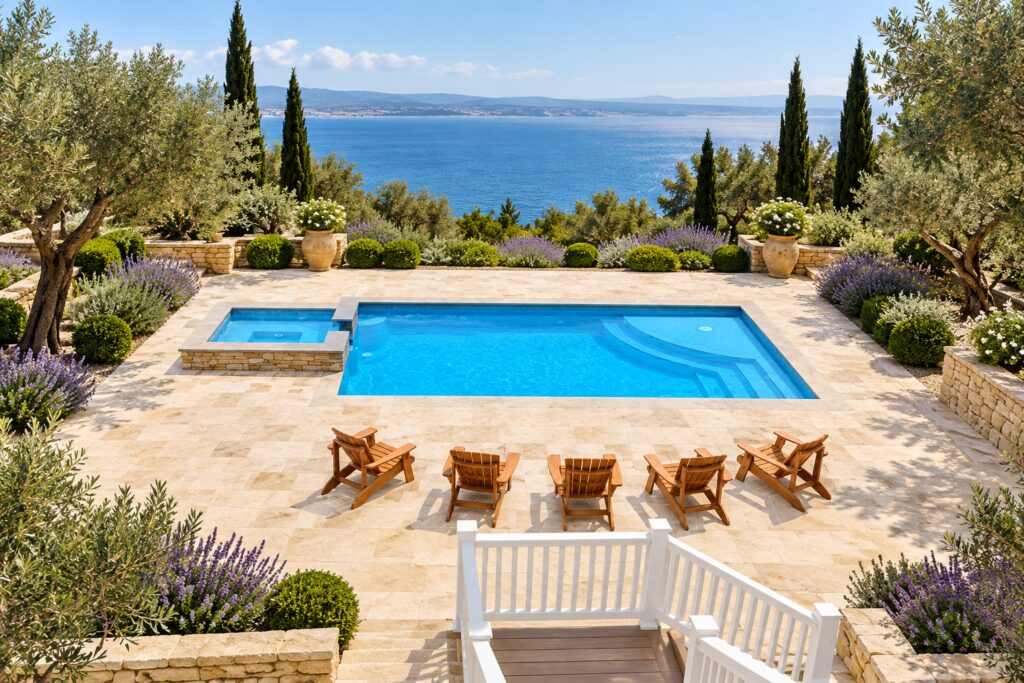San Juan Lake Michigan pool with a raised square spa and curved shallow entry beside limestone paving, olive trees and lavender.