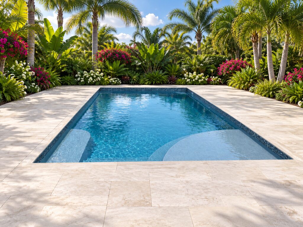 San Juan Lake Michigan rectangular pool with a broad curved shallow shelf on the right and a submerged bench on the left in a palm garden.