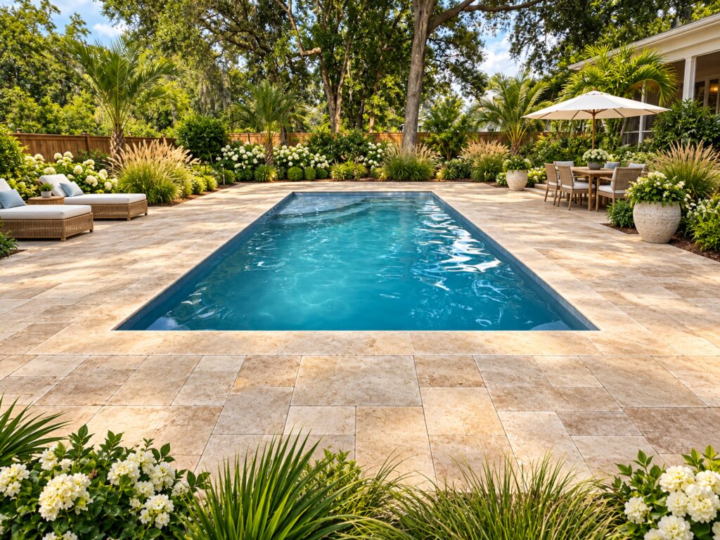 San Juan Lake Michigan rectangular pool with blue water, beige natural stone paving, palms and ornamental grasses.
