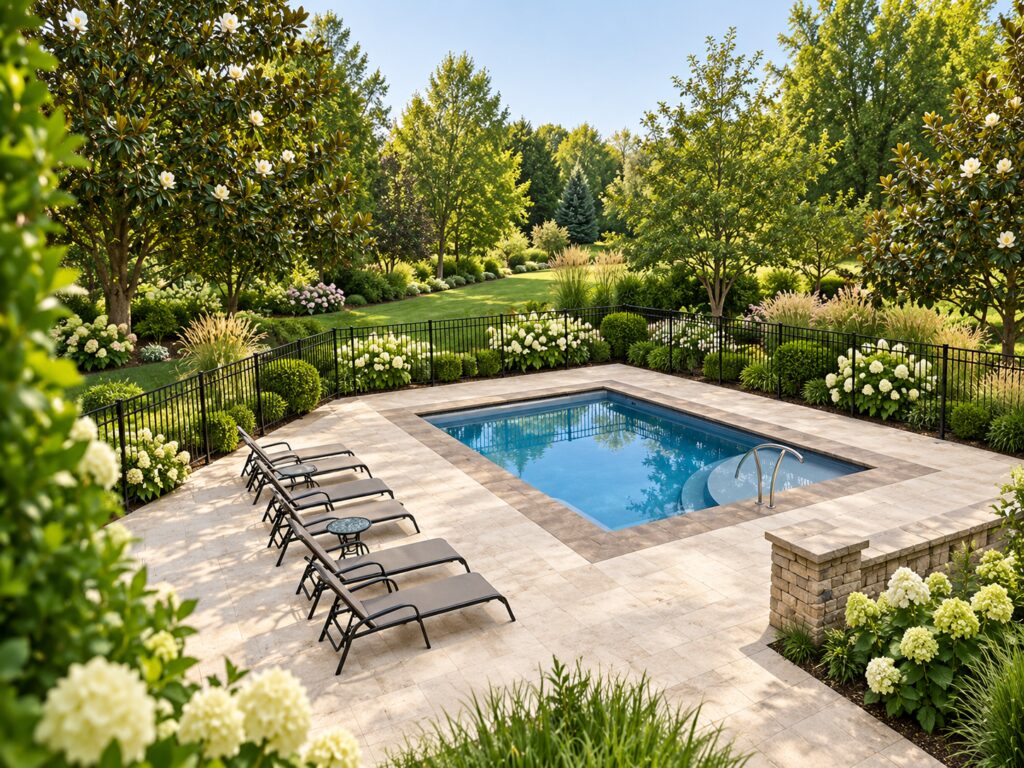 Elevated view of a San Juan Lake Michigan pool with curved entry steps and a metal handrail beside a travertine terrace and magnolia garden.