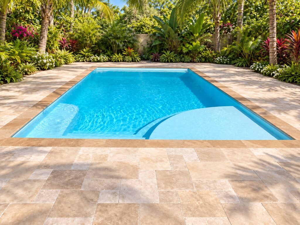 San Juan Lake Michigan pool showing a broad curved shallow shelf and smaller submerged bench, surrounded by travertine and tropical plants.