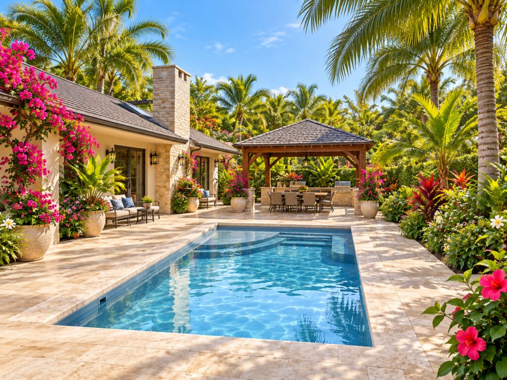 San Juan Lake Superior pool showing curved shallow seating, entry steps and side ledges beside natural stone paving and flowering tropical plants.