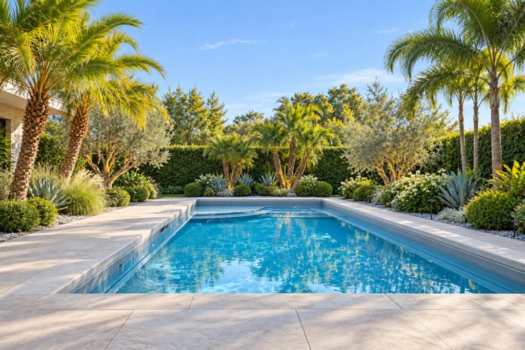 Lengthwise view of a San Juan Lake Superior rectangular pool with molded shallow entry steps, silver limestone paving and a modern palm garden.
