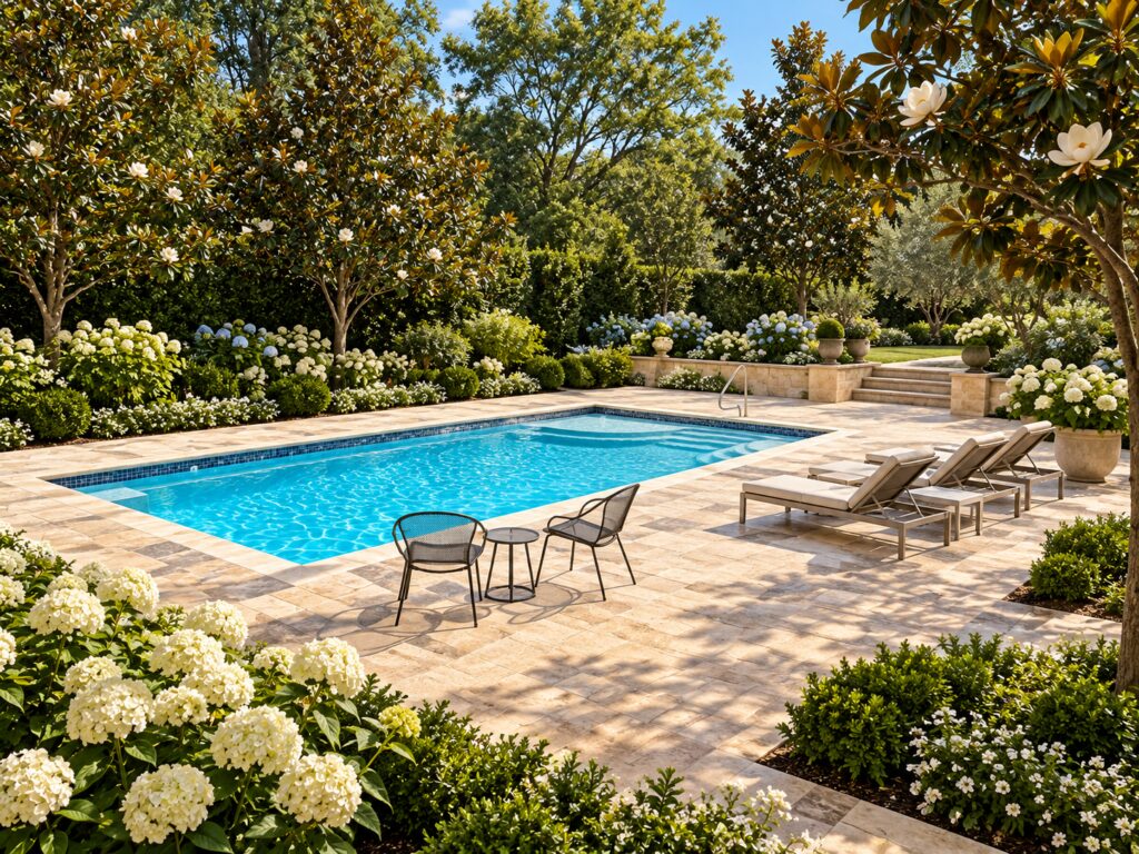 San Juan Lake Superior pool with curved shallow entry and steps, surrounded by travertine paving, magnolias and hydrangeas.