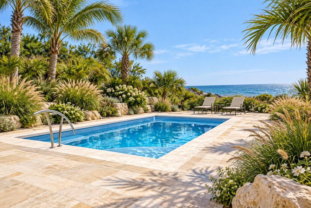 San Juan Lake Superior rectangular pool with a metal entry handrail, pale stone paving, coastal palms and ornamental grasses.