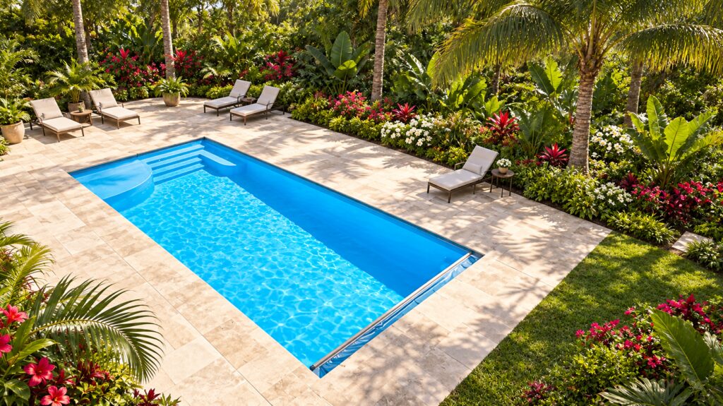 Elevated view of a San Juan Lake Superior rectangular pool with molded entry steps and curved seating, surrounded by palms and travertine.