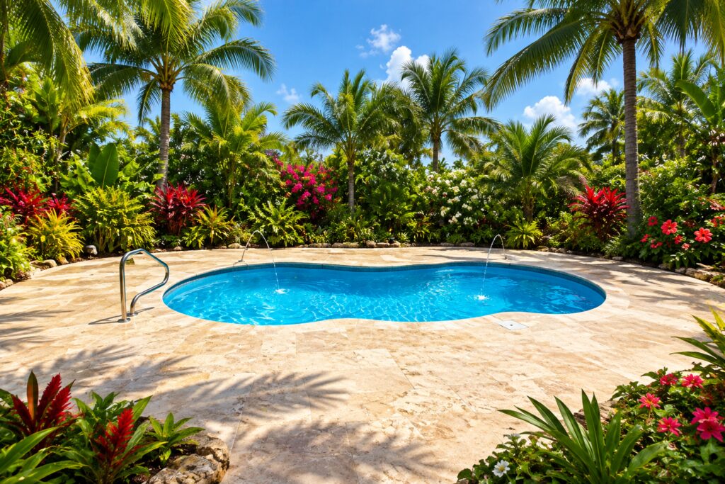 San Juan Lelani freeform pool with a metal entry handrail and arcing water jets, surrounded by travertine paving and tropical palms.