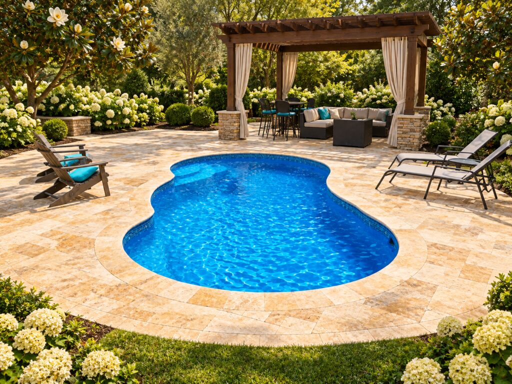 San Juan Lelani pool with rounded ends and scalloped sides, framed by travertine paving, a pergola, magnolias and hydrangeas.