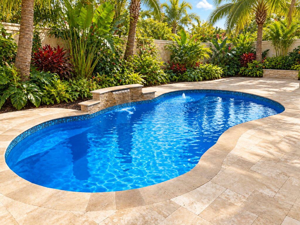 San Juan Lelani freeform pool with a stone spillway waterfall and bubbler, surrounded by natural stone paving and lush tropical planting.