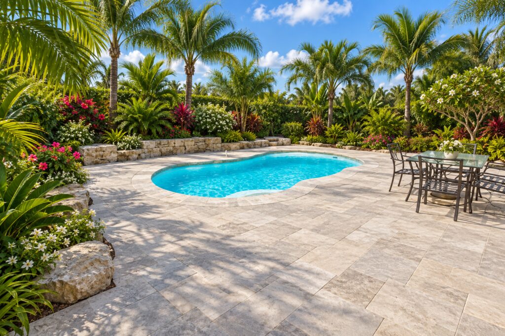 Wide view of a San Juan Lelani pool showing its curved outline and shallow seating beside silver limestone paving and a flowering palm garden.