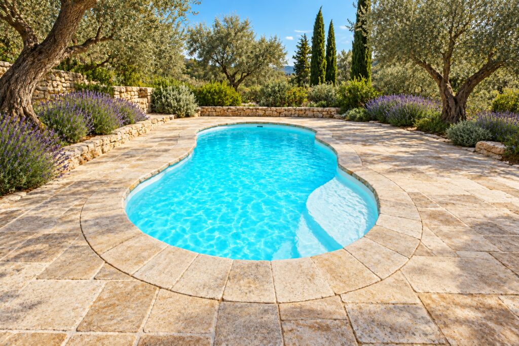 San Juan Lelani pool with scalloped sides and curved submerged seating beside limestone paving, olive trees and lavender.